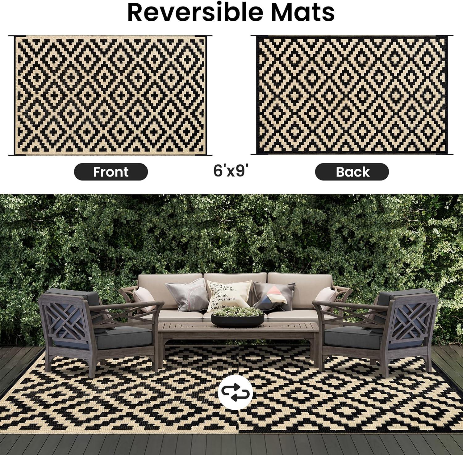 imageSmiry Waterproof Outdoor Rug 5x8ft Reversible Plastic Straw Patio Camping Rugs Outdoor Indoor RV Mat Carpet for Patio Outside Entry Backyard Deck Bench Picnic Camper Black ampamp GreyBlack and Beige