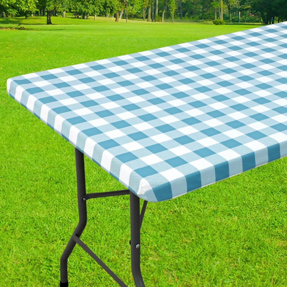 imageSmiry Rectangle Picnic Table Cloth Elastic Waterproof Fitted Vinyl Tablecloth for 4 FT Tables Flannel Backed Buffalo Plaid Table Covers for Dining Camping Outdoor White and Grey 30quot x 48quotAqua and White