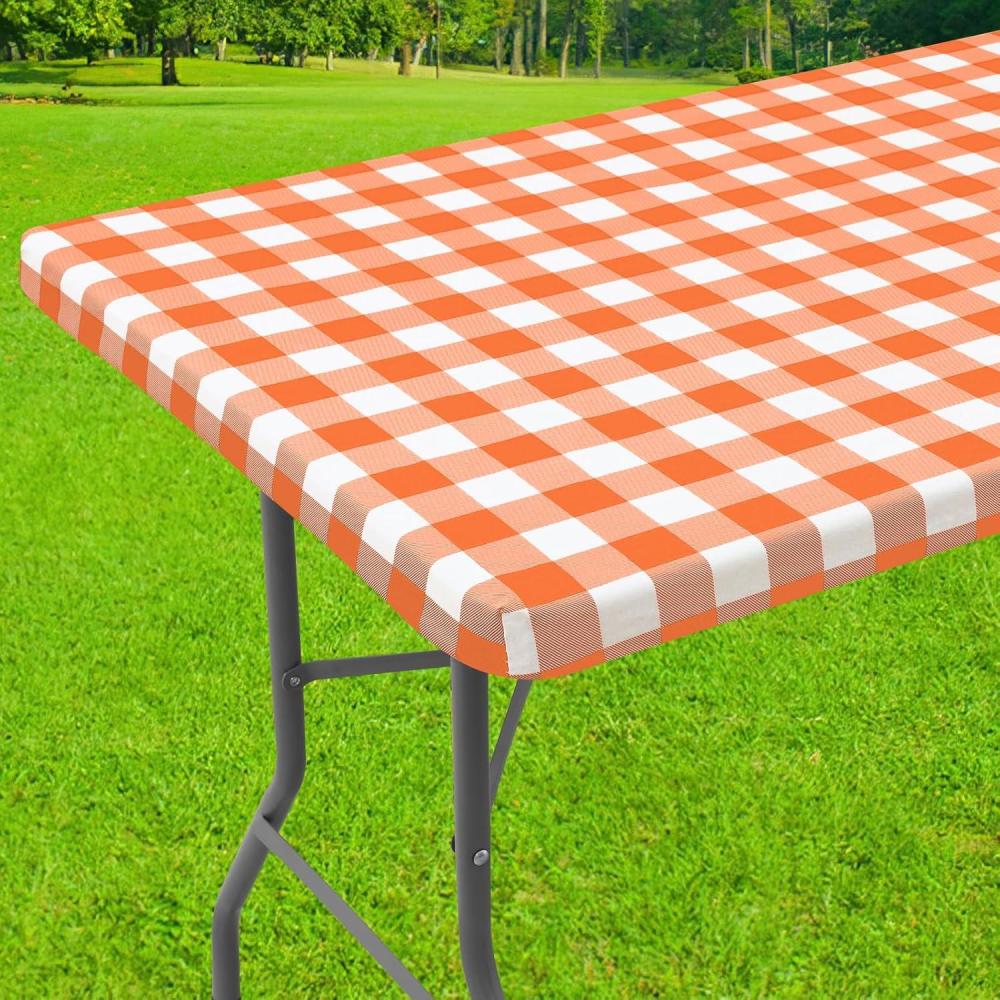 imageSmiry Rectangle Picnic Table Cloth Elastic Waterproof Fitted Vinyl Tablecloth for 4 FT Tables Flannel Backed Buffalo Plaid Table Covers for Dining Camping Outdoor White and Grey 30quot x 48quotOrange and White