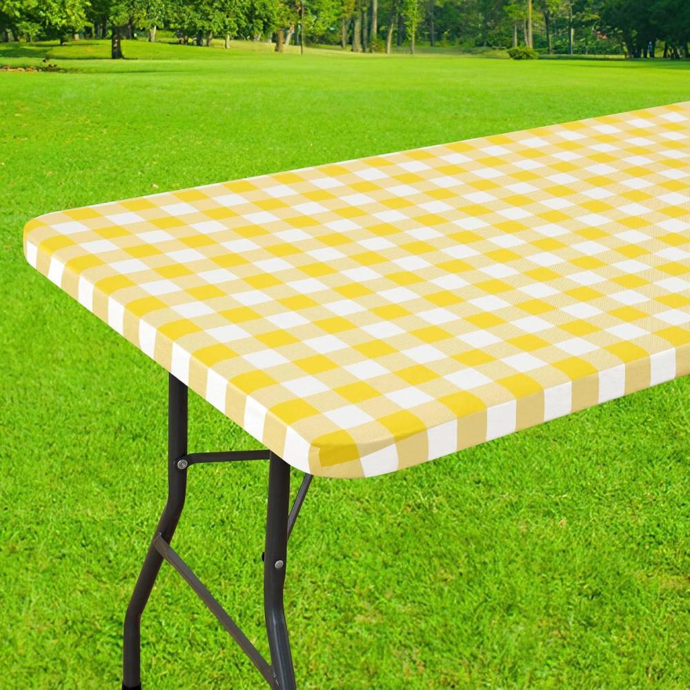 imageSmiry Rectangle Picnic Table Cloth Elastic Waterproof Fitted Vinyl Tablecloth for 4 FT Tables Flannel Backed Buffalo Plaid Table Covers for Dining Camping Outdoor White and Grey 30quot x 48quotYellow and White