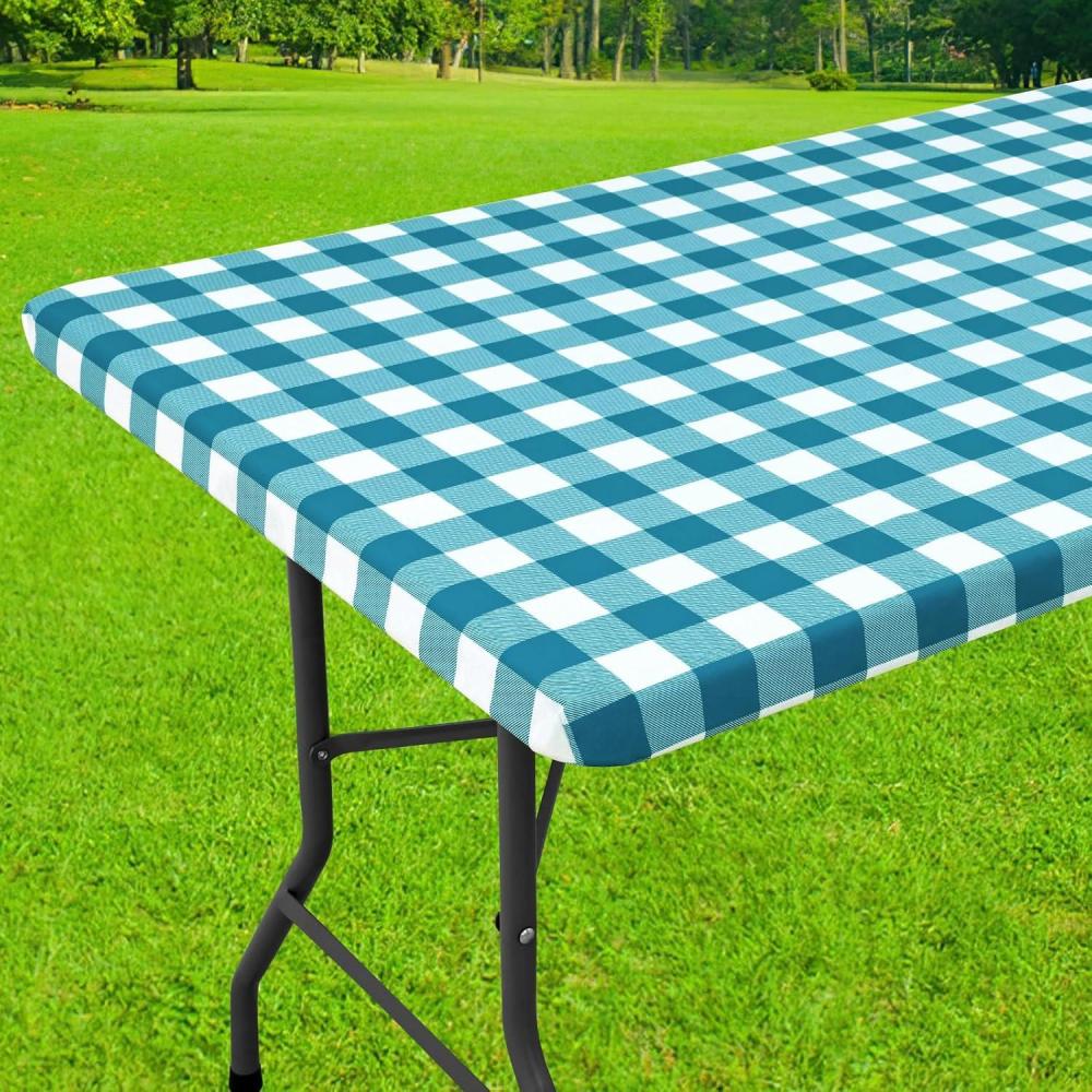 imageSmiry Rectangle Picnic Table Cloth Elastic Waterproof Fitted Vinyl Tablecloth for 4 FT Tables Flannel Backed Buffalo Plaid Table Covers for Dining Camping Outdoor White and Grey 30quot x 48quotTurquoise and White