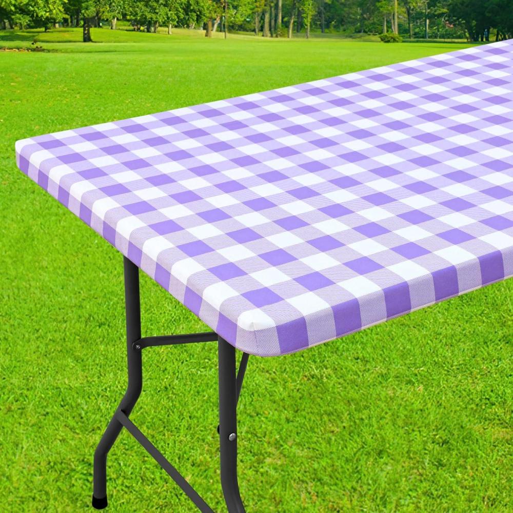 imageSmiry Rectangle Picnic Table Cloth Elastic Waterproof Fitted Vinyl Tablecloth for 4 FT Tables Flannel Backed Buffalo Plaid Table Covers for Dining Camping Outdoor White and Grey 30quot x 48quotPurple and White