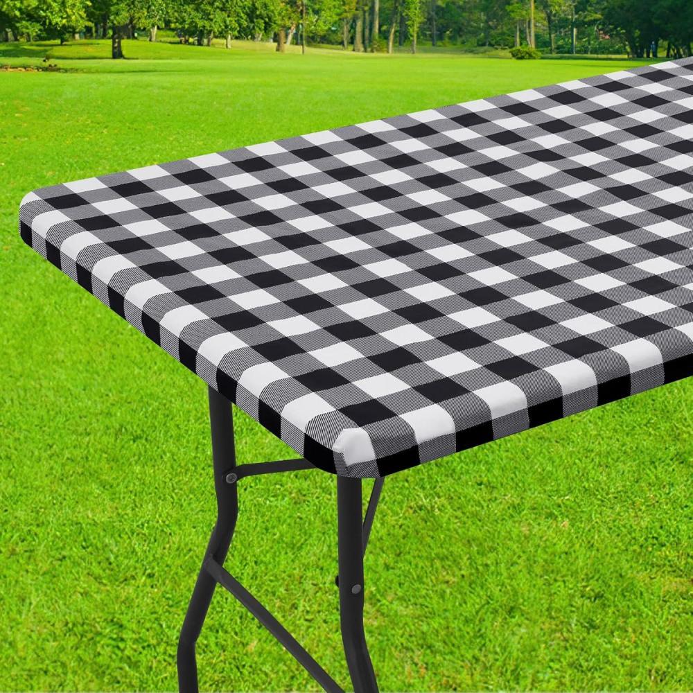 imageSmiry Rectangle Picnic Table Cloth Elastic Waterproof Fitted Vinyl Tablecloth for 4 FT Tables Flannel Backed Buffalo Plaid Table Covers for Dining Camping Outdoor White and Grey 30quot x 48quotBlack and White