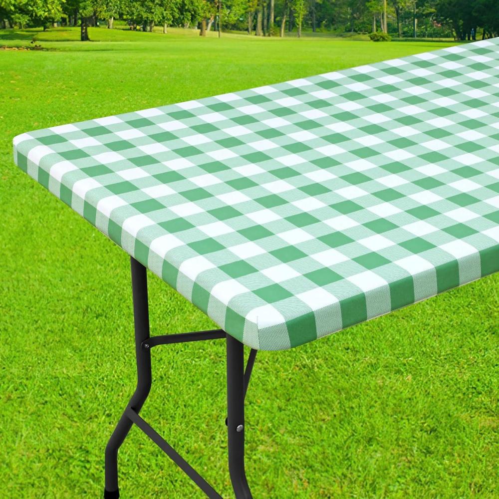 imageSmiry Rectangle Picnic Table Cloth Elastic Waterproof Fitted Vinyl Tablecloth for 4 FT Tables Flannel Backed Buffalo Plaid Table Covers for Dining Camping Outdoor White and Grey 30quot x 48quotSage Green and White