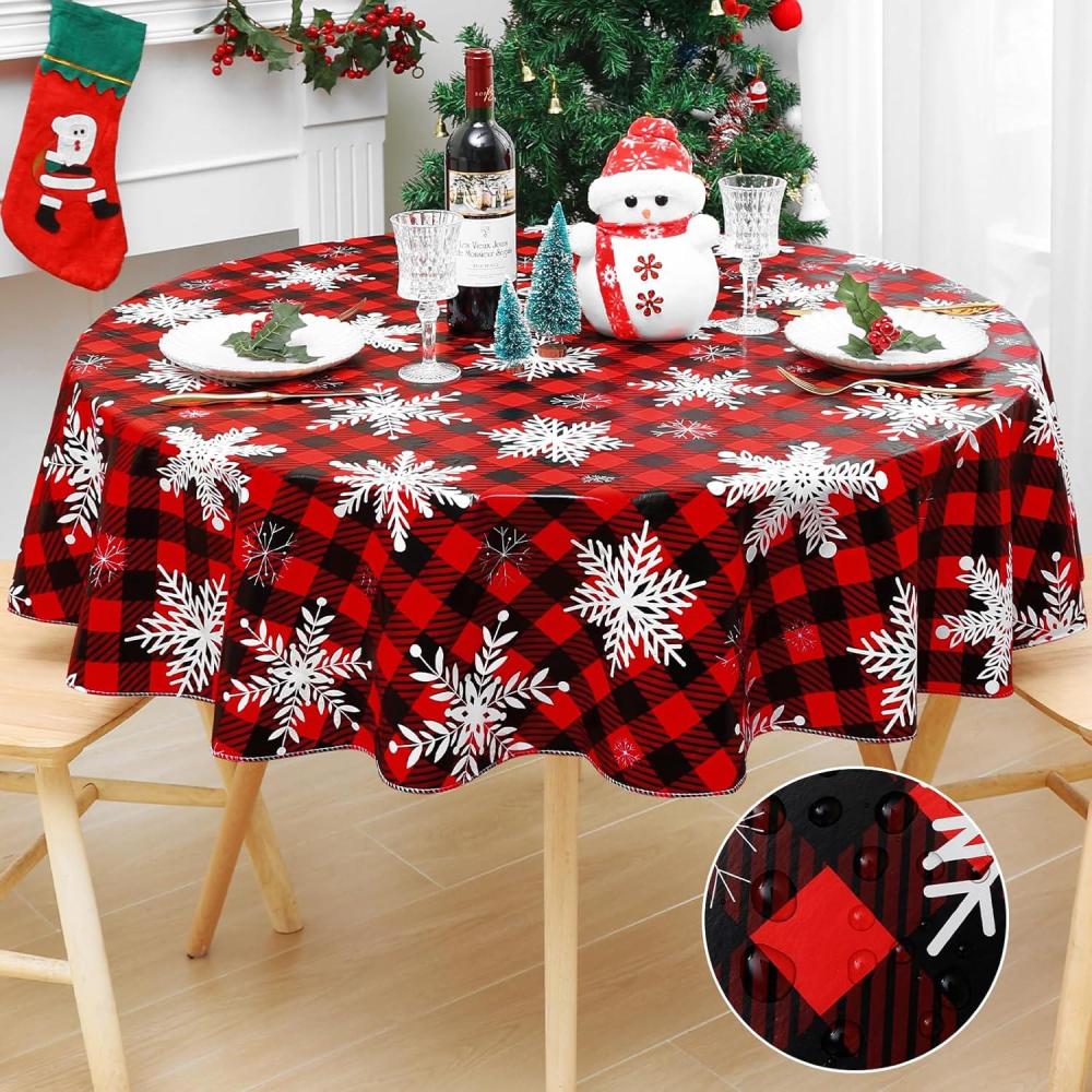 imageSmiry Snowflake Flannel Backed Vinyl Tablecloth Waterproof Round Table Cloth Wipeable Christmas Table Cover for Indoor and Outdoor 60quot Round Black and Red