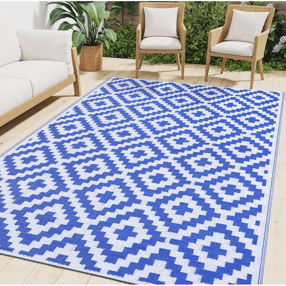 imageSmiry Waterproof Outdoor Rug 5x8 ft Reversible Plastic Straw Patio Camping Rugs Outdoor Indoor RV Mat Carpet for Patio Outside Entry Backyard Deck Bench Picnic Camper White ampamp GreyWhite and Blue