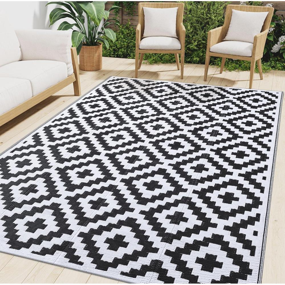 imageSmiry Waterproof Outdoor Rug 5x8 ft Reversible Plastic Straw Patio Camping Rugs Outdoor Indoor RV Mat Carpet for Patio Outside Entry Backyard Deck Bench Picnic Camper White ampamp GreyBlack and White