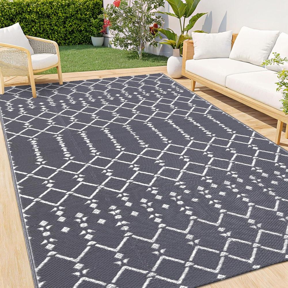 imageSmiry Waterproof Outdoor Rug 5x8 ft Reversible Plastic Straw Patio Camping Rugs Outdoor Indoor RV Mat Carpet for Patio Outside Entry Backyard Deck Bench Picnic Camper White ampamp GreyGrey
