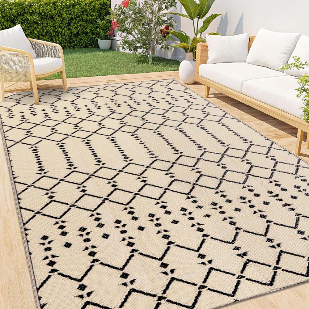 imageSmiry Waterproof Outdoor Rug 5x8 ft Reversible Plastic Straw Patio Camping Rugs Outdoor Indoor RV Mat Carpet for Patio Outside Entry Backyard Deck Bench Picnic Camper White ampamp GreyBeige