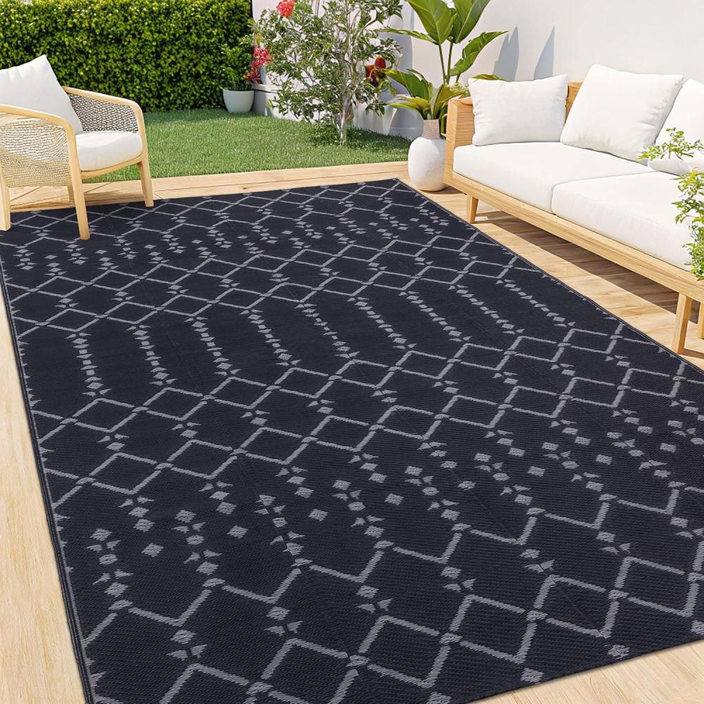 imageSmiry Waterproof Outdoor Rug 5x8 ft Reversible Plastic Straw Patio Camping Rugs Outdoor Indoor RV Mat Carpet for Patio Outside Entry Backyard Deck Bench Picnic Camper White ampamp GreyDark Grey