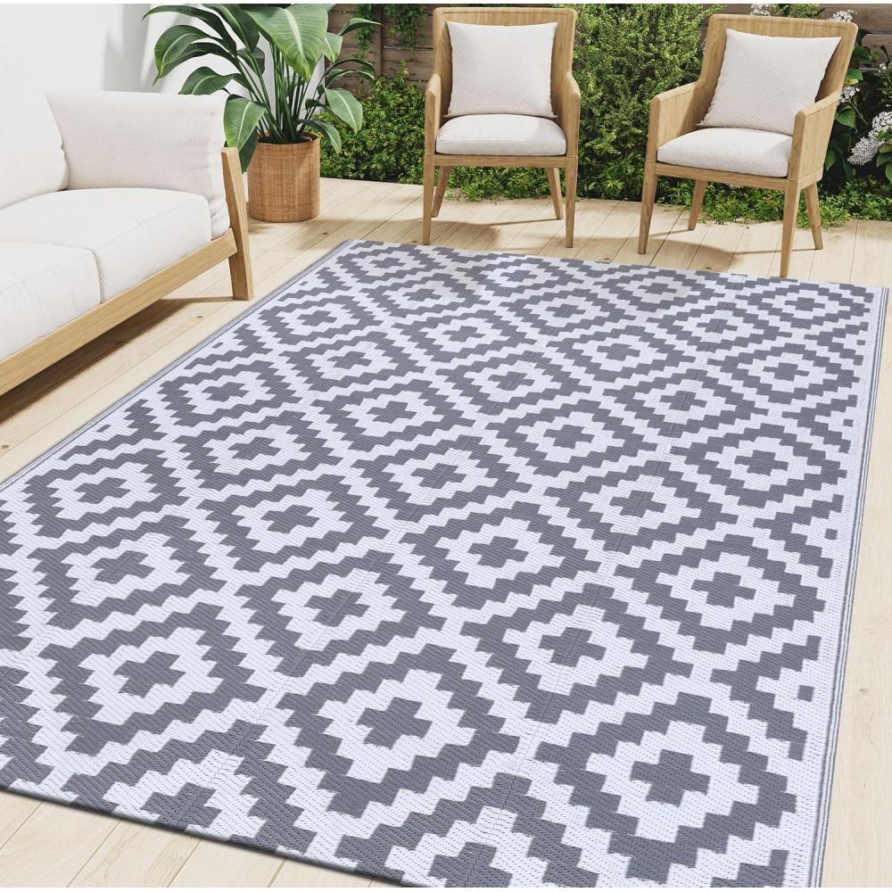 imageSmiry Waterproof Outdoor Rug 5x8 ft Reversible Plastic Straw Patio Camping Rugs Outdoor Indoor RV Mat Carpet for Patio Outside Entry Backyard Deck Bench Picnic Camper White ampamp GreyWhite and Grey