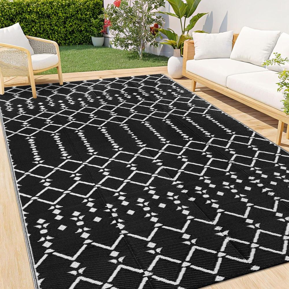 imageSmiry Waterproof Outdoor Rug 5x8 ft Reversible Plastic Straw Patio Camping Rugs Outdoor Indoor RV Mat Carpet for Patio Outside Entry Backyard Deck Bench Picnic Camper White ampamp GreyBlack