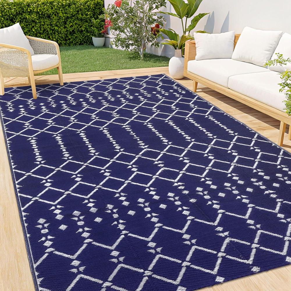 imageSmiry Waterproof Outdoor Rug 5x8 ft Reversible Plastic Straw Patio Camping Rugs Outdoor Indoor RV Mat Carpet for Patio Outside Entry Backyard Deck Bench Picnic Camper White ampamp GreyNavy