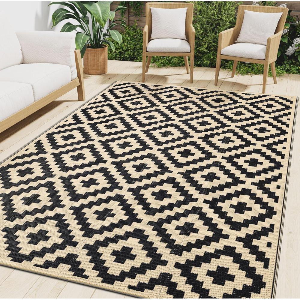 imageSmiry Waterproof Outdoor Rug 5x8ft Reversible Plastic Straw Patio Camping Rugs Outdoor Indoor RV Mat Carpet for Patio Outside Entry Backyard Deck Bench Picnic Camper Black ampamp GreyBlack and Beige