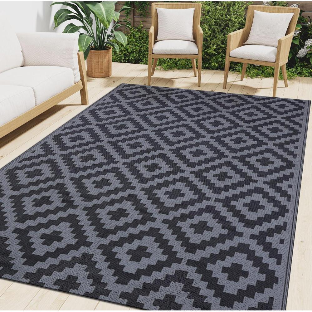 imageSmiry Waterproof Outdoor Rug 5x8ft Reversible Plastic Straw Patio Camping Rugs Outdoor Indoor RV Mat Carpet for Patio Outside Entry Backyard Deck Bench Picnic Camper Black ampamp GreyBlack and Grey