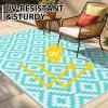 imageSmiry Waterproof Outdoor Rug 5x8 ft Reversible Plastic Straw Patio Camping Rugs Outdoor Indoor RV Mat Carpet for Patio Outside Entry Backyard Deck Bench Picnic Camper White ampamp GreyWhite and Teal
