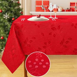 imageSmiry Rectangle Christmas Red Tablecloth 60x84 Inch Waterproof Damask Table Cloth Holly Patterns Fabric Table Covers for Christmas Dinner and New Year Celebration BurgundyBurgundy