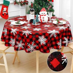 imageSmiry Snowflake Flannel Backed Vinyl Tablecloth Waterproof Round Table Cloth Wipeable Christmas Table Cover for Indoor and Outdoor 60quot Round Black and Red