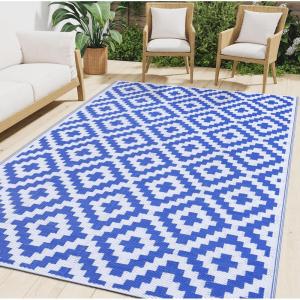 imageSmiry Waterproof Outdoor Rug 5x8 ft Reversible Plastic Straw Patio Camping Rugs Outdoor Indoor RV Mat Carpet for Patio Outside Entry Backyard Deck Bench Picnic Camper White ampamp GreyWhite and Blue