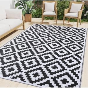 imageSmiry Waterproof Outdoor Rug 5x8 ft Reversible Plastic Straw Patio Camping Rugs Outdoor Indoor RV Mat Carpet for Patio Outside Entry Backyard Deck Bench Picnic Camper White ampamp GreyBlack and White