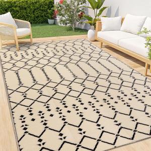 imageSmiry Waterproof Outdoor Rug 5x8 ft Reversible Plastic Straw Patio Camping Rugs Outdoor Indoor RV Mat Carpet for Patio Outside Entry Backyard Deck Bench Picnic Camper White ampamp GreyBeige