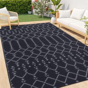imageSmiry Waterproof Outdoor Rug 5x8 ft Reversible Plastic Straw Patio Camping Rugs Outdoor Indoor RV Mat Carpet for Patio Outside Entry Backyard Deck Bench Picnic Camper White ampamp GreyDark Grey
