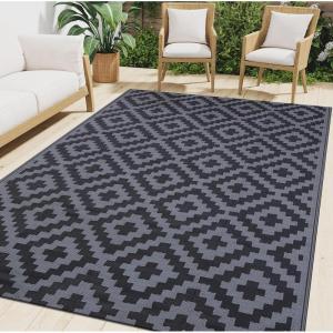 imageSmiry Waterproof Outdoor Rug 5x8 ft Reversible Plastic Straw Patio Camping Rugs Outdoor Indoor RV Mat Carpet for Patio Outside Entry Backyard Deck Bench Picnic Camper White ampamp GreyBlack and Grey