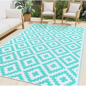 imageSmiry Waterproof Outdoor Rug 5x8 ft Reversible Plastic Straw Patio Camping Rugs Outdoor Indoor RV Mat Carpet for Patio Outside Entry Backyard Deck Bench Picnic Camper White ampamp GreyWhite and Teal