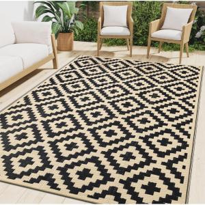 imageSmiry Waterproof Outdoor Rug 5x8 ft Reversible Plastic Straw Patio Camping Rugs Outdoor Indoor RV Mat Carpet for Patio Outside Entry Backyard Deck Bench Picnic Camper White ampamp GreyBlack and Beige