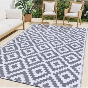 imageSmiry Waterproof Outdoor Rug 5x8 ft Reversible Plastic Straw Patio Camping Rugs Outdoor Indoor RV Mat Carpet for Patio Outside Entry Backyard Deck Bench Picnic Camper White ampamp GreyWhite and Grey