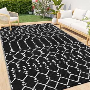 imageSmiry Waterproof Outdoor Rug 5x8 ft Reversible Plastic Straw Patio Camping Rugs Outdoor Indoor RV Mat Carpet for Patio Outside Entry Backyard Deck Bench Picnic Camper White ampamp GreyBlack