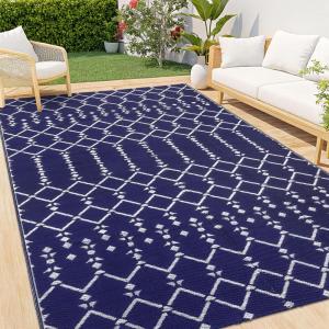 imageSmiry Waterproof Outdoor Rug 5x8 ft Reversible Plastic Straw Patio Camping Rugs Outdoor Indoor RV Mat Carpet for Patio Outside Entry Backyard Deck Bench Picnic Camper White ampamp GreyNavy