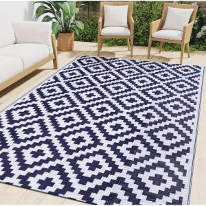 imageSmiry Waterproof Outdoor Rug 5x8 ft Reversible Plastic Straw Patio Camping Rugs Outdoor Indoor RV Mat Carpet for Patio Outside Entry Backyard Deck Bench Picnic Camper White ampamp GreyWhite and Navy