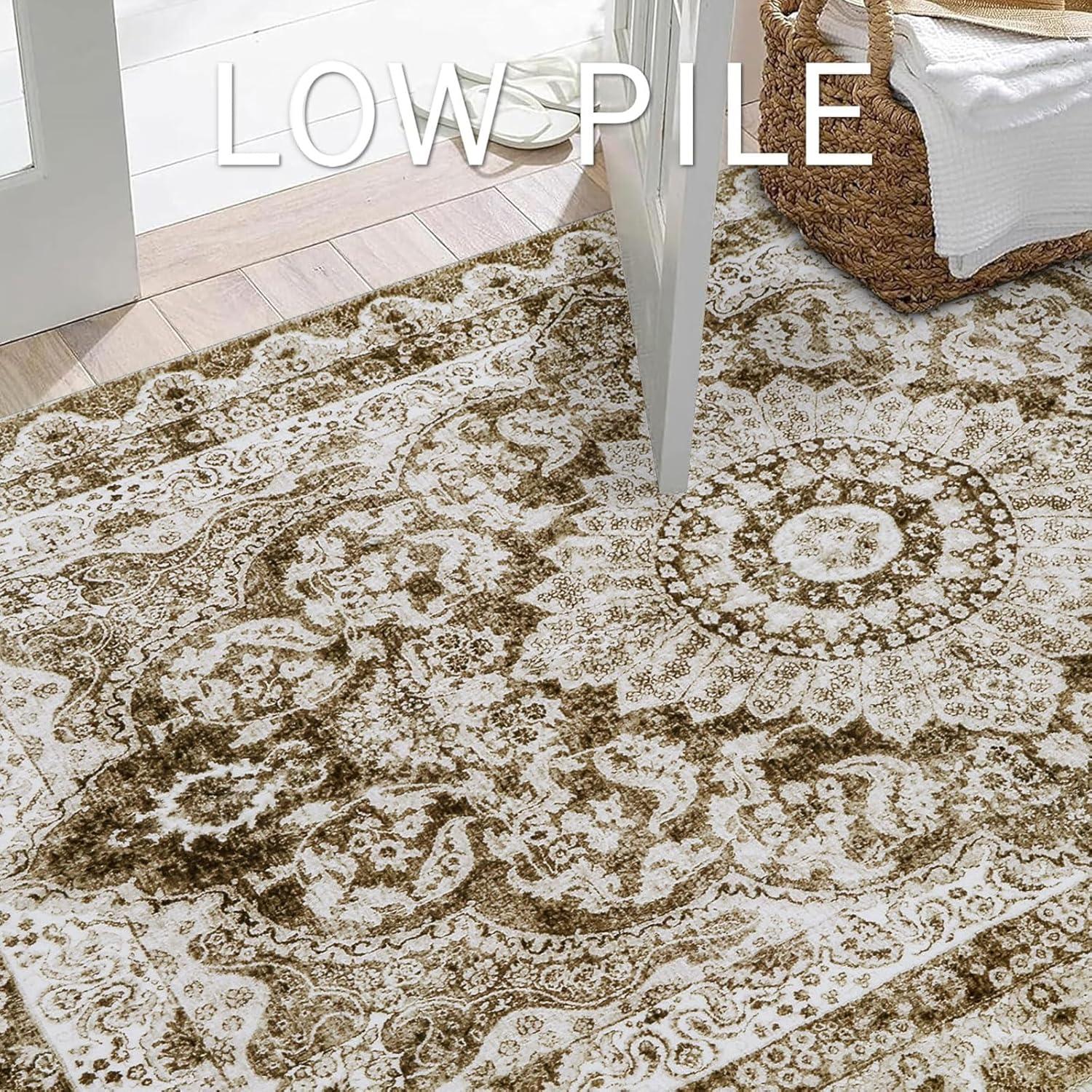 imageSmiry 4x6 Area Rugs for Living Room Machine Washable Non Slip Vintage Retro Rugs Low Pile Lightweight Boho Floral Printed Floor Carpets Rugs for Bedroom Dining Room Home Office BeigeBrown