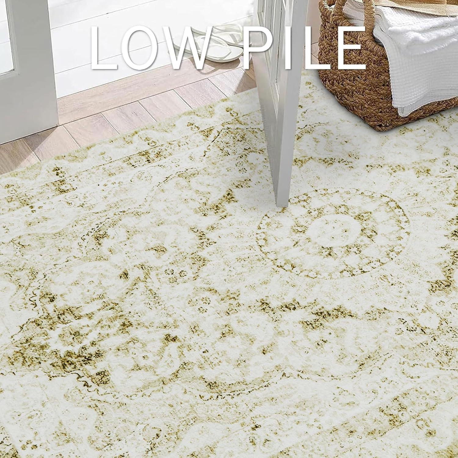 imageSmiry 4x6 Area Rugs for Living Room Machine Washable Non Slip Vintage Retro Rugs Low Pile Lightweight Boho Floral Printed Floor Carpets Rugs for Bedroom Dining Room Home Office BeigeBeige