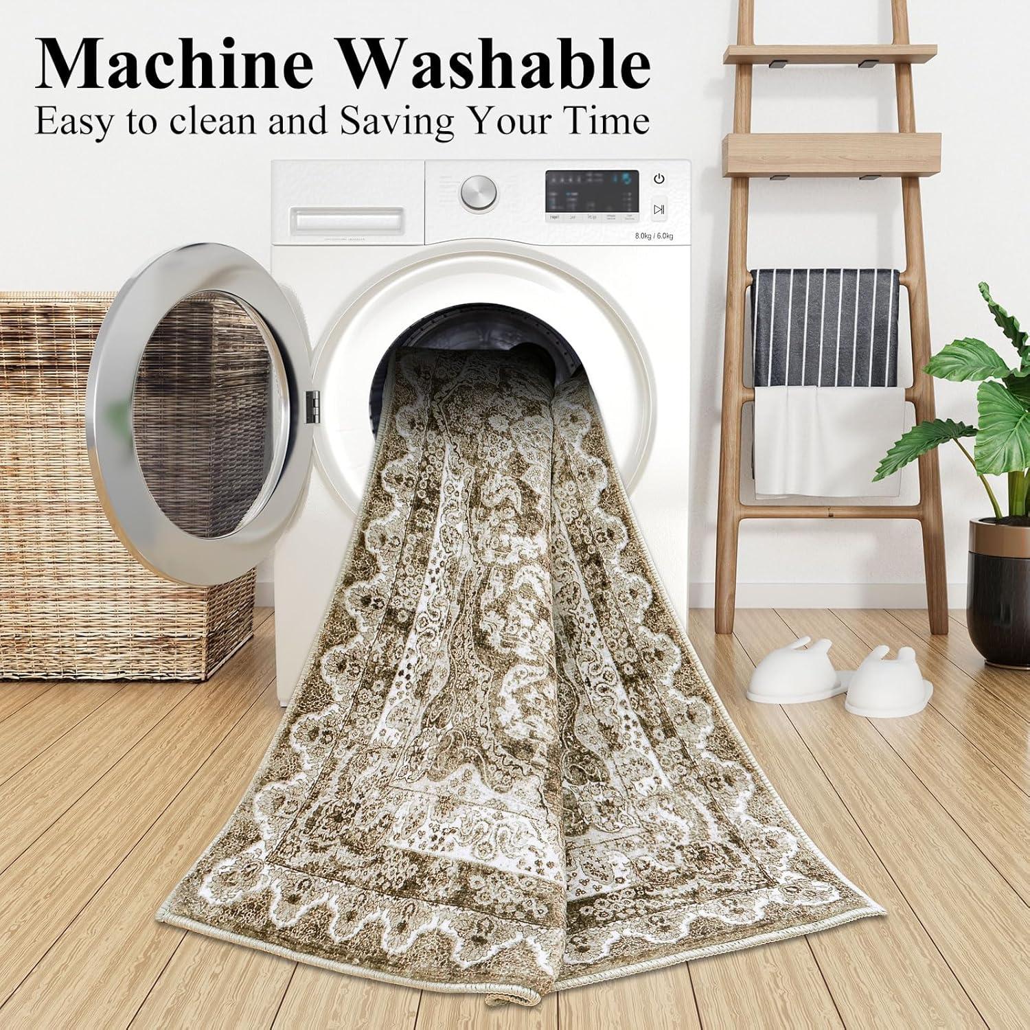 imageSmiry 4x6 Area Rugs for Living Room Machine Washable Non Slip Vintage Retro Rugs Low Pile Lightweight Boho Floral Printed Floor Carpets Rugs for Bedroom Dining Room Home Office BeigeBrown