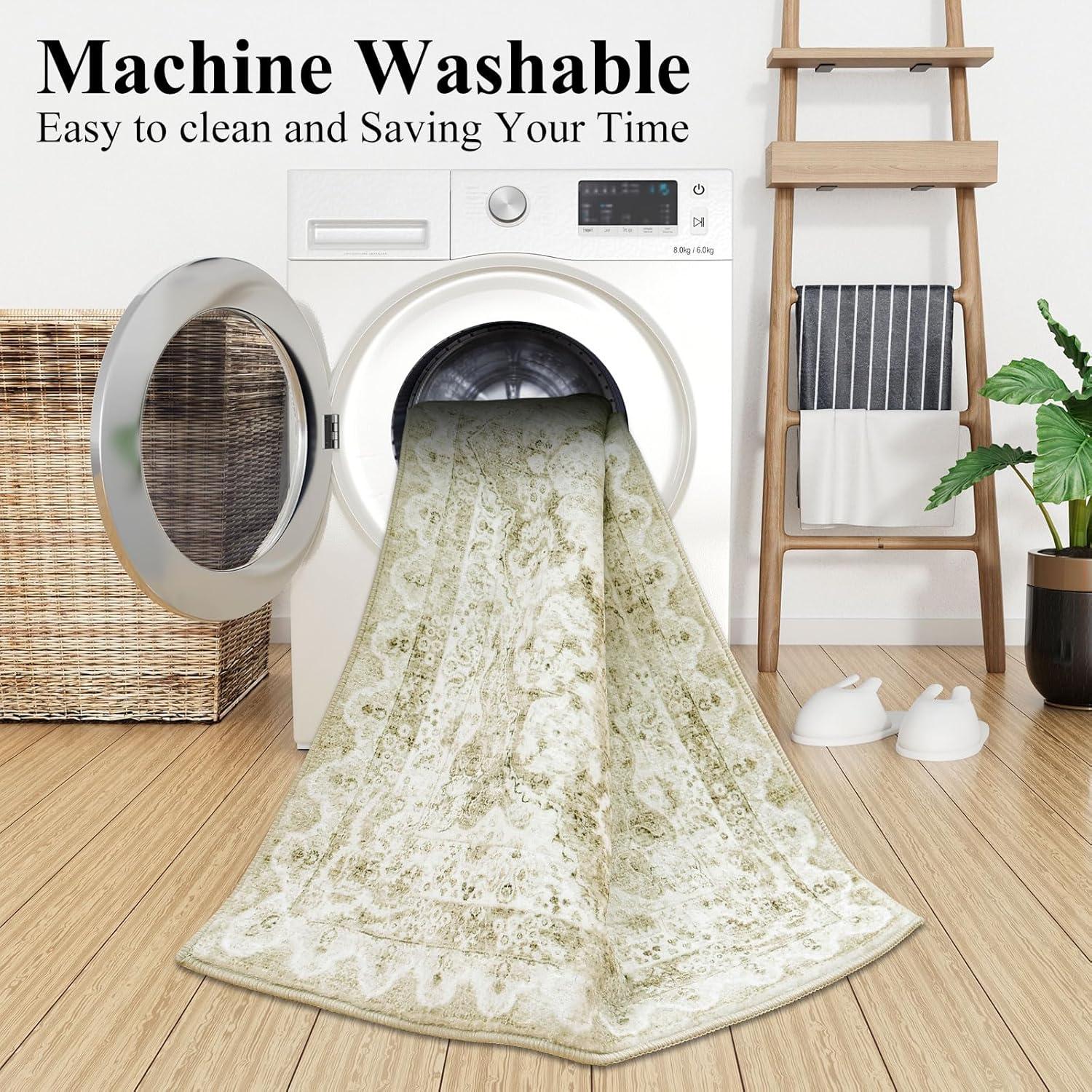 imageSmiry 4x6 Area Rugs for Living Room Machine Washable Non Slip Vintage Retro Rugs Low Pile Lightweight Boho Floral Printed Floor Carpets Rugs for Bedroom Dining Room Home Office BeigeBeige