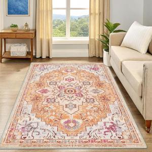 imageSmiry 8x10 Area Rugs for Living Room Boho Chic Style Printed Rugs Low Pile NonShedding Easy Care Machine Washable Lightweight Floor Carpets Rugs for Bedroom Dining Room Home Office OrangeOrange