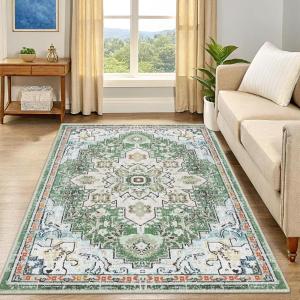 imageSmiry 8x10 Area Rugs for Living Room Boho Chic Style Printed Rugs Low Pile NonShedding Easy Care Machine Washable Lightweight Floor Carpets Rugs for Bedroom Dining Room Home Office OrangeGreen