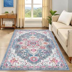 imageSmiry 8x10 Area Rugs for Living Room Boho Chic Style Printed Rugs Low Pile NonShedding Easy Care Machine Washable Lightweight Floor Carpets Rugs for Bedroom Dining Room Home Office OrangePink