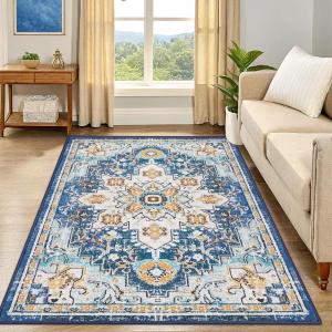 imageSmiry 8x10 Area Rugs for Living Room Boho Chic Style Printed Rugs Low Pile NonShedding Easy Care Machine Washable Lightweight Floor Carpets Rugs for Bedroom Dining Room Home Office OrangeBlue