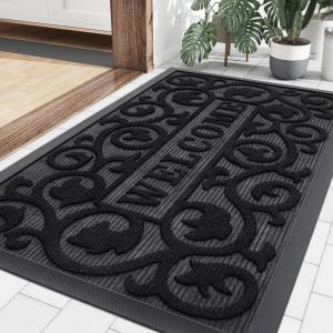 imageSmiry Front Door Mat Indoor Outdoor Entrance Heavy Duty Natural Rubber Sturdy Trap Dirt Moisture Doormat and Easy Clean Low Profile Patio Porch Entryway Mat 295x17 Inch BrownGeometricBlackWelcome