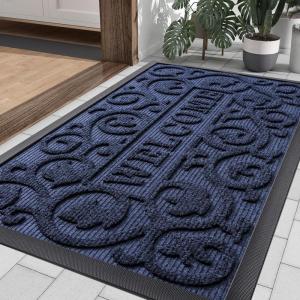 imageSmiry Front Door Mat Indoor Outdoor Entrance Heavy Duty Natural Rubber Sturdy Trap Dirt Moisture Doormat and Easy Clean Low Profile Patio Porch Entryway Mat 295x17 Inch BrownGeometricNavy BlueWelcome