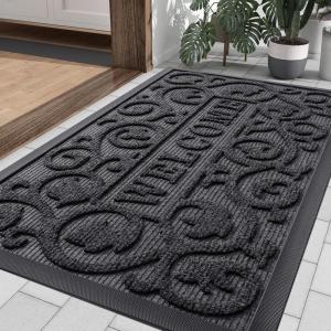 imageSmiry Front Door Mat Indoor Outdoor Entrance Heavy Duty Natural Rubber Sturdy Trap Dirt Moisture Doormat and Easy Clean Low Profile Patio Porch Entryway Mat 295x17 Inch BrownGeometricGreyWelcome