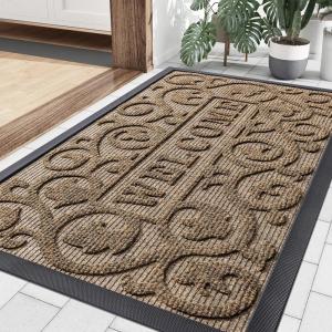 imageSmiry Front Door Mat Indoor Outdoor Entrance Heavy Duty Natural Rubber Sturdy Trap Dirt Moisture Doormat and Easy Clean Low Profile Patio Porch Entryway Mat 295x17 Inch BrownGeometricBrownWelcome