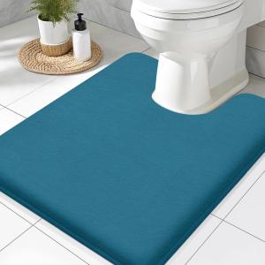 imageSmiry Memory Foam Toilet Rugs UShaped 24x20 Extra Soft Absorbent NonSlip Contour Bathroom Rugs Machine Washable Bath Mats for Toilet BlackPeacock Blue