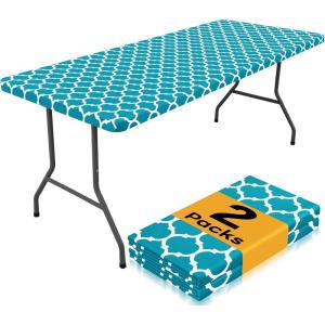 imageSmiry 2 Pack Rectangle Table Cloth 6 Foot Waterproof Elastic Fitted Tablecloths Windproof Washable Polyester Table Cover for Picnic Camping Outdoor Black 30quotx72quotTeal