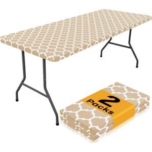 imageSmiry 2 Pack Rectangle Table Cloth 6 Foot Waterproof Elastic Fitted Tablecloths Windproof Washable Polyester Table Cover for Picnic Camping Outdoor Black 30quotx72quotKhaki