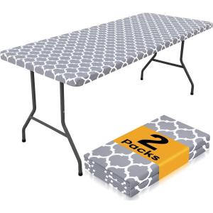 imageSmiry 2 Pack Rectangle Table Cloth 6 Foot Waterproof Elastic Fitted Tablecloths Windproof Washable Polyester Table Cover for Picnic Camping Outdoor Black 30quotx72quotGrey