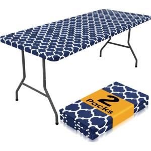 imageSmiry 2 Pack Rectangle Table Cloth 6 Foot Waterproof Elastic Fitted Tablecloths Windproof Washable Polyester Table Cover for Picnic Camping Outdoor Black 30quotx72quotNavy